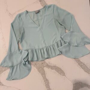 ASOS Elegant Long Ruffle Sleeve V-Neck Blouse Womens 4 Light Minty Blue Romantic
